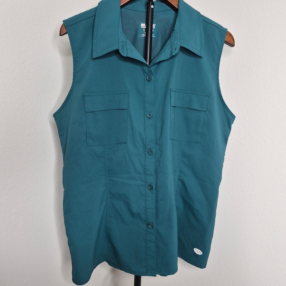 Reel Legends Mariner Womens Sleeveless Fishing Shirt Teal Blue Ripstop Outdoor L